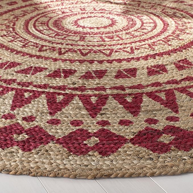SAFAVIEH Natural Fiber Round Collection 5' Round Fuchsia NF802C Handmade Boho Mandala Braided Jute Area Rug