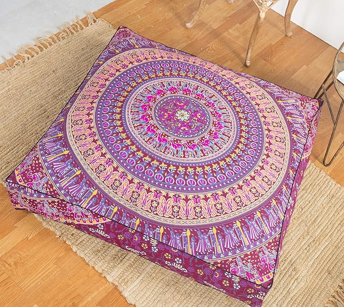 Popular Handicrafts Floor Pillow Cushion Cover - Hippie Mandala Square Ottoman Indian Elephant Camel Daybed Oversized Cotton Cushion Cover with Heavy Duty Zipper - Dog-Pets Bed, 35" Maroon Pink