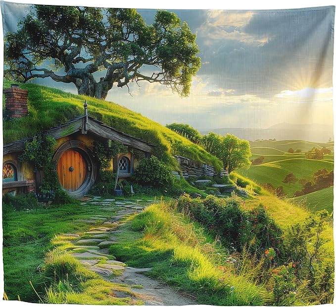 Xolytar Hobbit Style House Tapestry for Bedroom – Green Hill Garden Landscape Backdrop for Ring Lord Fans Party, Fantasy Birthday Decoration, Classroom Reading Corner Background (60x50)
