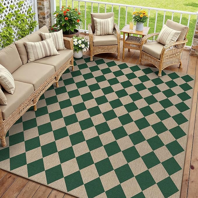 8x10 Checkered Easy Jute Area Rug for Living Room Large Checkerboard Washable Indoor Outdoor Carpet Farmhouse Patio Office Mat Geometric Non Slip Green Carpet for Backyard Dining Room