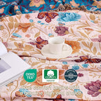 Boho Throw Blanket, 100% Organic Cotton Breathable Ultra Soft 80" x 90" Bed Quilt Throw - All Season Floral Rustic Farmhouse Decor Luxury Reversible Blanket for Sofa Couch Chair and Gift