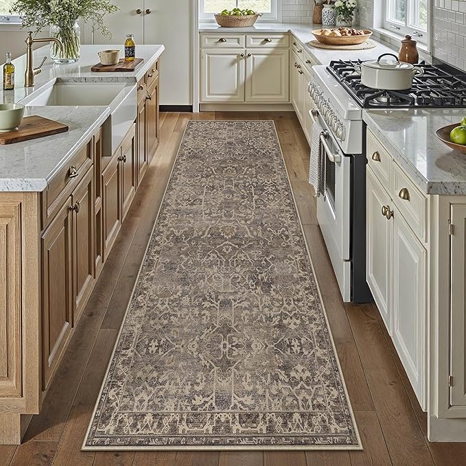 HUGEAR 2x10 Runner Rug Hallway Retro Brown Machine Washable Vintage Floral Low Pile Carpet Vacuumable Distressed Long Throw Rug Bedroom Office Bathroom Kitchen Laundry Non Slip Soft Lightweight