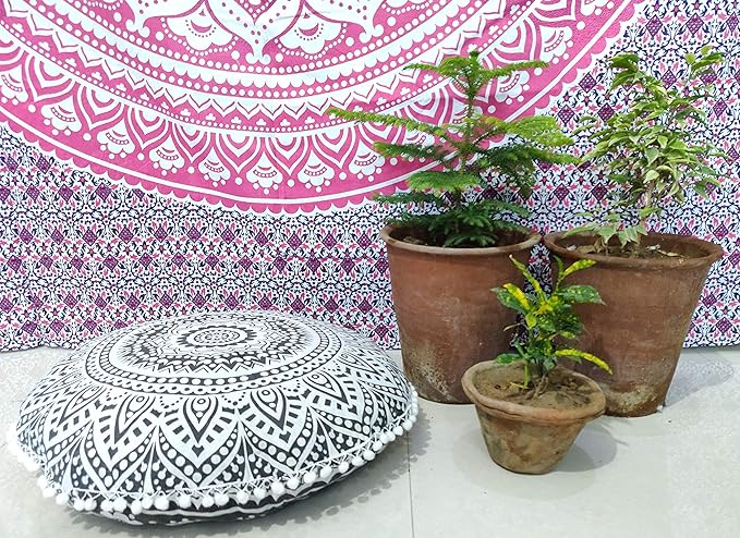 INDIAN CRAFT CASTLE 24" Grey Ombre Mandala Barmeri Large Floor Pillow Cover Cushion Meditation Seating Ottoman Throw Cover Hippie Decorative Zipped Bohemian Pouf Ottoman Pom Pom Cases 24" Round
