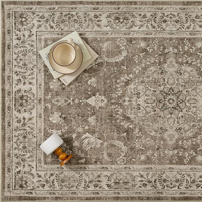 6x9 Area Rug Brown Washable Living Room Vintage Carpet Bedroom Distressed Large Non Slip Low Pile Thin Dining Room Office Medallion Accent Throw Rug