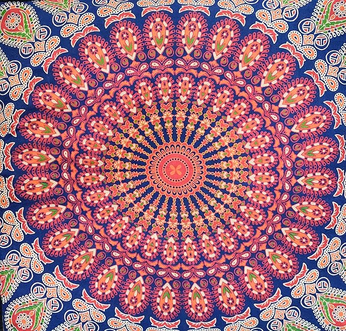 CRAFT KALA Mandala Floor Pillow Cushion Cover Seating Throw Cover Hippie Decorative Bohemian Ottoman Poufs Pom Pom Pillow Cases Boho Indian Cotton Living Room Yoga Home Décor 35" Square, Multi Peacock