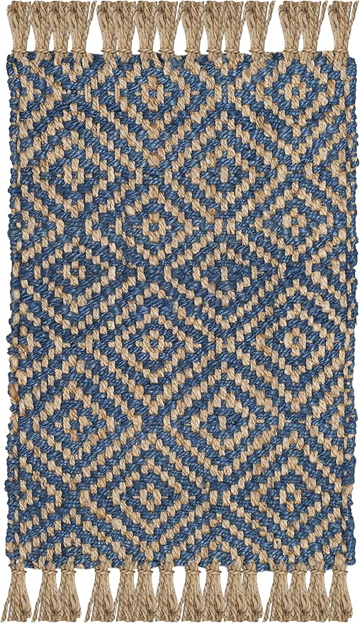 SAFAVIEH Natural Fiber Collection Accent Rug - 2' x 3', Tropical Blue & Natural, Handmade Boho Diamond Tassel Jute, Ideal for High Traffic Areas in Entryway, Living Room, Bedroom (NF266D)