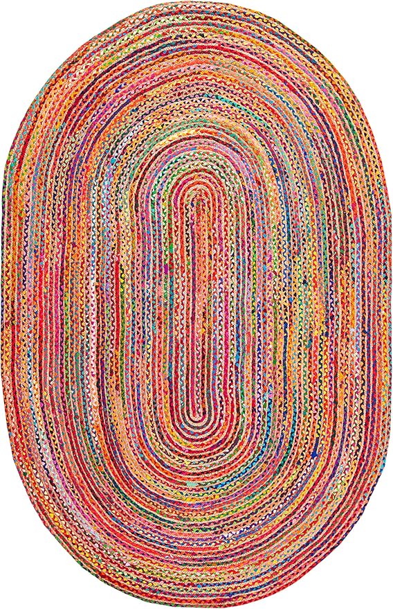 SAFAVIEH Area Rug 4x6 Oval- Cape Cod Collection - Red & Multi, Handmade Jute & Cotton, Woven Braided Design (CAP202A)