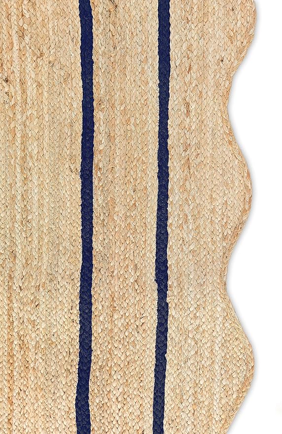 Wave Scalloped Natural Jute Runner, Navy (8'x10'): Boho Farmhouse Entryway Scallop Rug