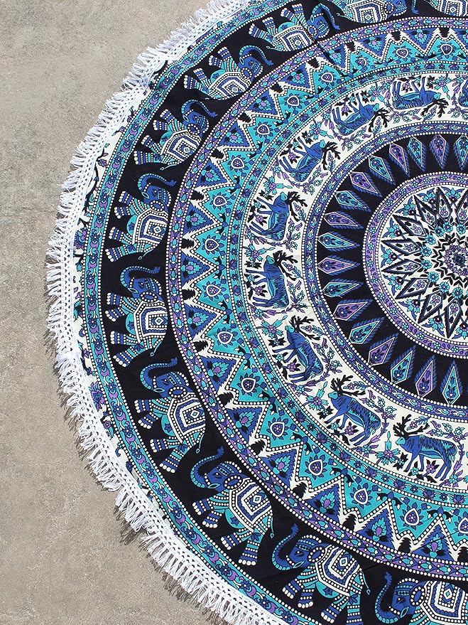 Round Beach Tapestry Turquoise Mandala Throw/Boho Hippie Beach Blanket Roundie/Indian Cotton Bohemian Large Round Table Cloth-Home Decor/Yoga Mat Meditation Picnic Rug (42", Green and Black)