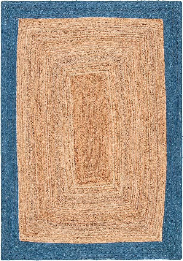 SAFAVIEH Natural Fiber Collection Area Rug - 5' x 8', Natural & Blue, Handmade Flat Weave Boho Farmhouse Rustic Border Jute, Ideal for High Traffic Areas in Living Room, Bedroom (NFB852M)