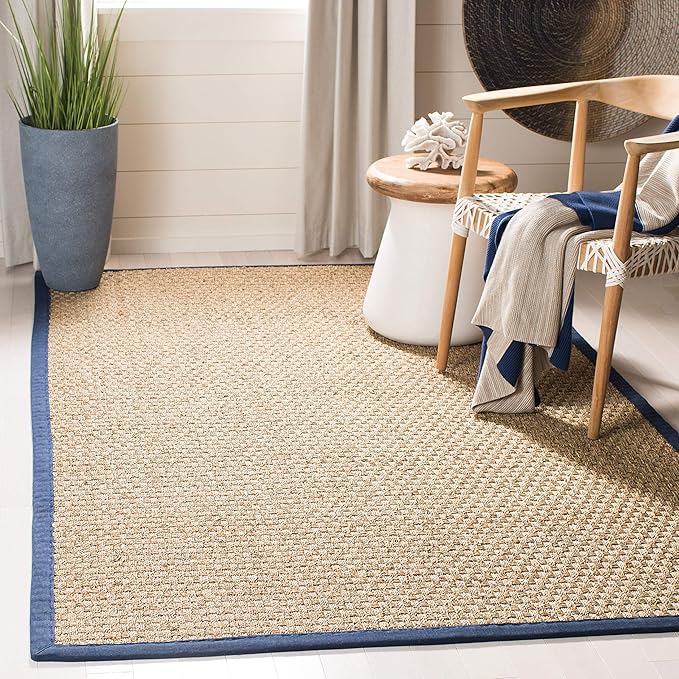 SAFAVIEH Area Rug 4x6 - Natural Fiber Collection - Natural & Blue, Seagrass, Basketweave Pattern with Border (NF114E)