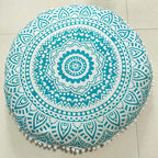 CRAFT KALA Mandala Floor Pillow Cushion Cover Seating Throw Cover Hippie Decorative Bohemian Ottoman Poufs Pom Pom Pillow Cases Boho Indian Cotton Living Room Yoga Home Décor (24" Round, Green Ombre)