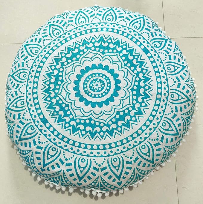 CRAFT KALA Mandala Floor Pillow Cushion Cover Seating Throw Cover Hippie Decorative Bohemian Ottoman Poufs Pom Pom Pillow Cases Boho Indian Cotton Living Room Yoga Home Décor (24" Round, Green Ombre)