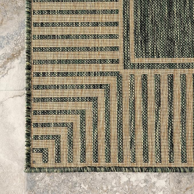 Nuloom Asha Green/Brown, 9'6" x 12', Casual, Striped Border, Soft and Cozy, High Traffic, Stain Resistant, Easy Clean, Durable Area Rug for Indoor/Outdoor Patio, Deck, Porch, Garden, Courtyard