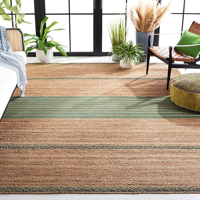 SAFAVIEH Natural Fiber Collection Area Rug - 6' x 9', Natural & Green, Handmade Stripe Boho Farmhouse Rustic Braided Jute, Ideal for High Traffic Areas in Living Room, Bedroom (NFB262Y)