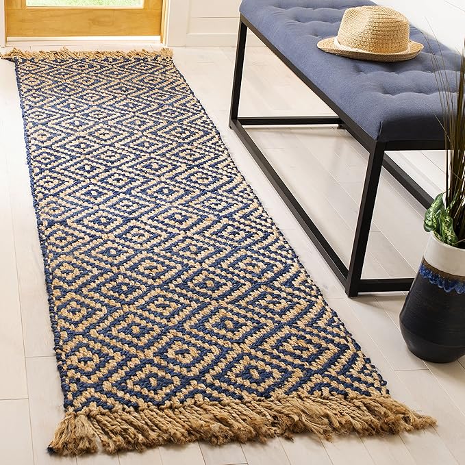 SAFAVIEH Natural Fiber Collection Accent Rug - 2'3" x 4', Tropical Blue & Natural, Handmade Boho Diamond Tassel Jute, Ideal for High Traffic Areas in Entryway, Living Room, Bedroom (NF266D)