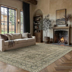Vintage Area Rug 8x10 Light Brown Washable Living Room Bedroom Indoor Carpet Tribal Distressed Retro Accent Throw Rug for Office Dining Room Bathroom Faux Wool