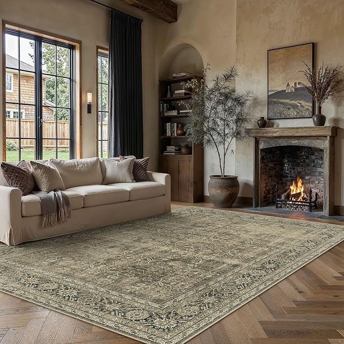 Vintage Area Rug 5x7 Light Brown Bedroom Indoor Kitchen Washable Living Room Carpet Tribal Distressed Retro Accent Throw Rug for Office Dining Room Bathroom Faux Wool