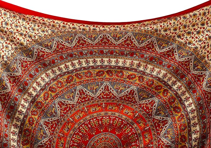 Popular Handicrafts Wall Hanging Tapestry for Bedroom Hippie Mandala Bohemian Psychedelic Intricate Floral Design Tapestries Bedspread 84 x 90 Inches (215cm x 230cm) Red Yellow