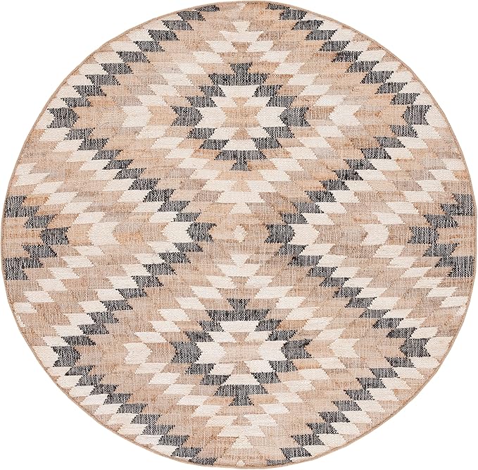 SAFAVIEH Natural Fiber Collection Area Rug - 6' Round, Natural & Black, Handmade Boho Southwestern Fringe Jute, Ideal for High Traffic Areas in Living Room, Bedroom (NFB401A)