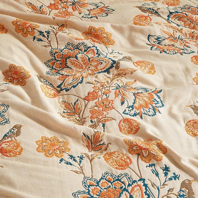 Boho Throw Blanket for Bed 90”x98”, 100% Cotton Woven Blanket for Couch Sofa, Ultra Soft 4-Layer Muslin Quilt with Floral Printed, Farmhouse Bed Blanket/Cover for Living Room Decor