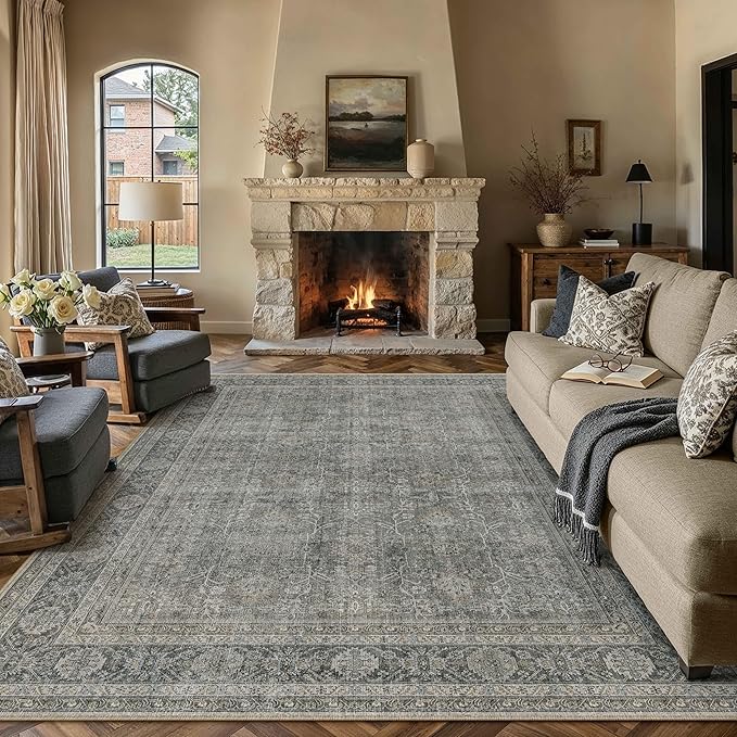 Vintage Area Rug 8x10 Grey Brown Washable Living Room Large Carpet Non Slip Bedroom Indoor Office Low Pile Traditional Distressed Retro Accent Rug for Dining Room