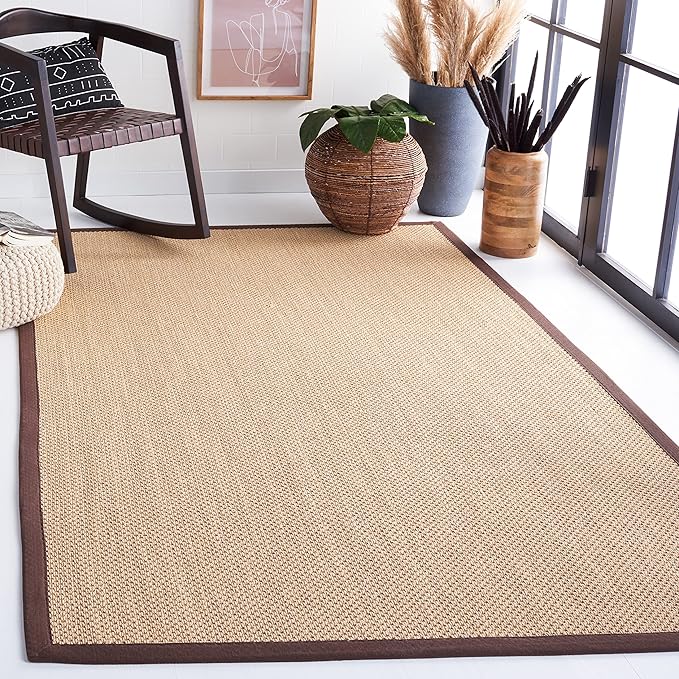 SAFAVIEH Area Rug 4x6 - Natural Fiber Collection - Maize & Brown, Sisal, Woven Design with Border (NF141C)