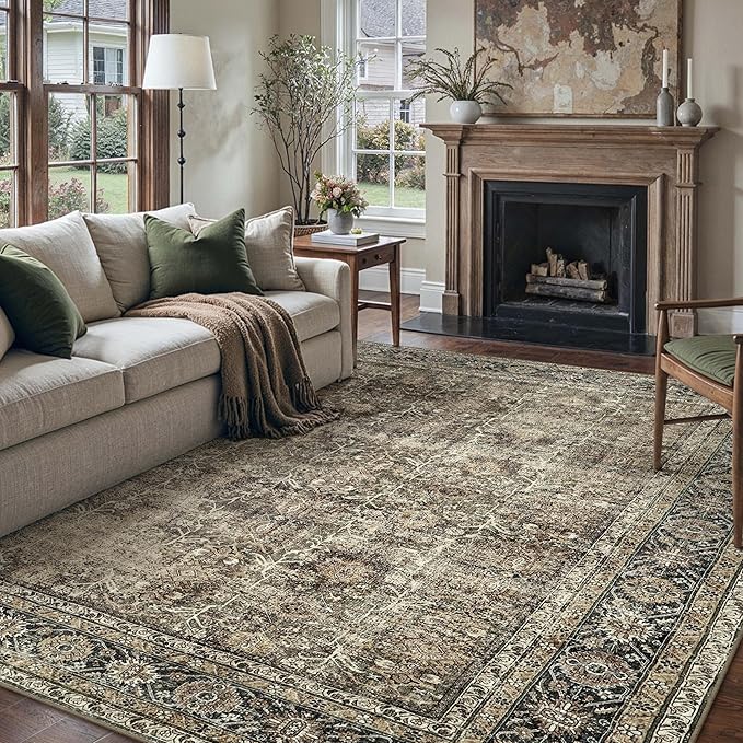 Vintage Area Rug 7x10 Brown Washable Living Room Large Carpet Non Slip Bedroom Indoor Office Low Pile Traditional Distressed Retro Accent Rug for Dining Room