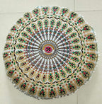 INDIAN CRAFT CASTLE 24" Musturd Peacock Mandala Barmeri Large Floor Pillow Cover Cushion Meditation Seating Ottoman Throw Cover Hippie Decorative Zipped Bohemian Pouf Ottoman Pom Pom Cases 24" Round