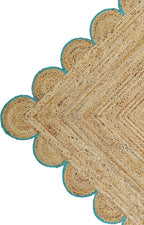 Scalloped Natural Jute Area Rug, Teal Trim, 4'x6'