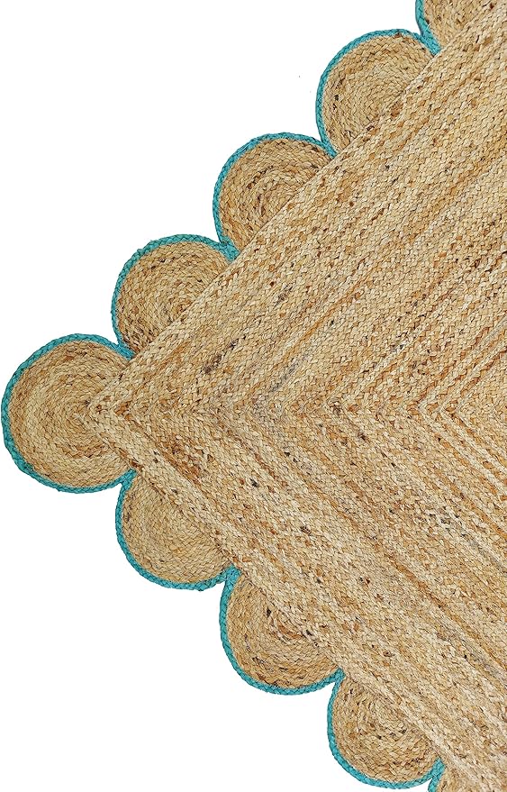 Scalloped Natural Jute Area Rug, Teal Trim, 5'x7'