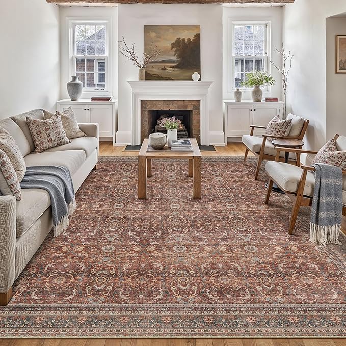 HUGEAR Area Rug 9x12 Vintage Brick Red Machine Washable Living Room Rugs Distressed Retro Floral Vacuumable Low Pile Carpet Bedroom Office Dining Room Laundry Room Non Slip Soft Lightweight