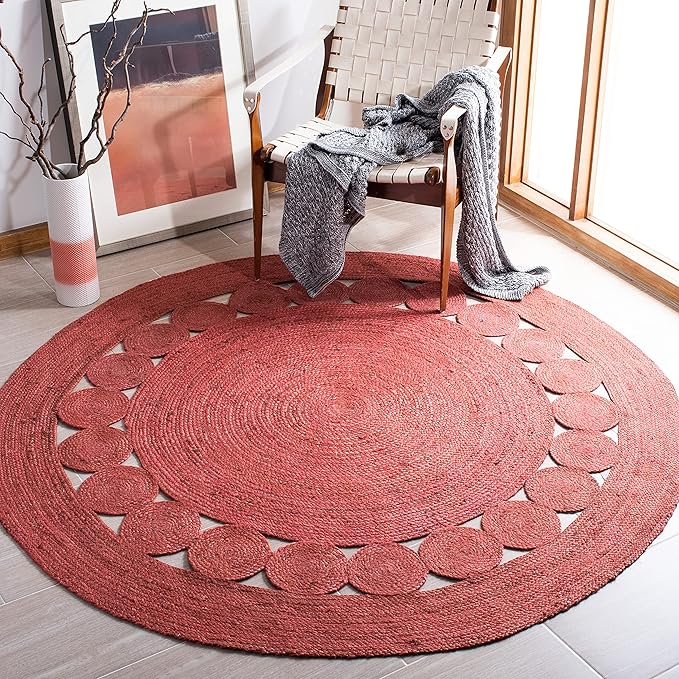 SAFAVIEH Area Rug 10' Round - Natural Fiber Collection - Large - Rust, Handmade Jute, Boho Farmhouse Braided Design (NF364P)