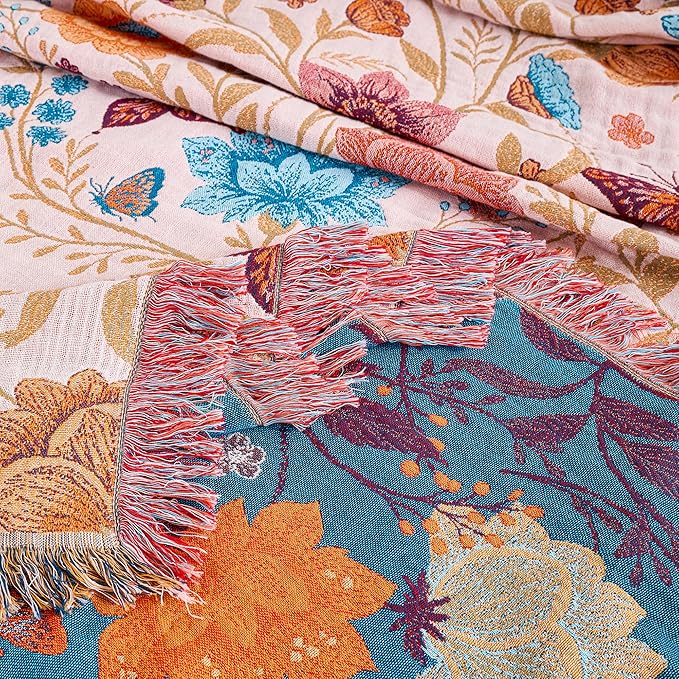 Boho Throw Blanket, 100% Organic Cotton Breathable Ultra Soft 80" x 90" Bed Quilt Throw - All Season Floral Rustic Farmhouse Decor Luxury Reversible Blanket for Sofa Couch Chair and Gift