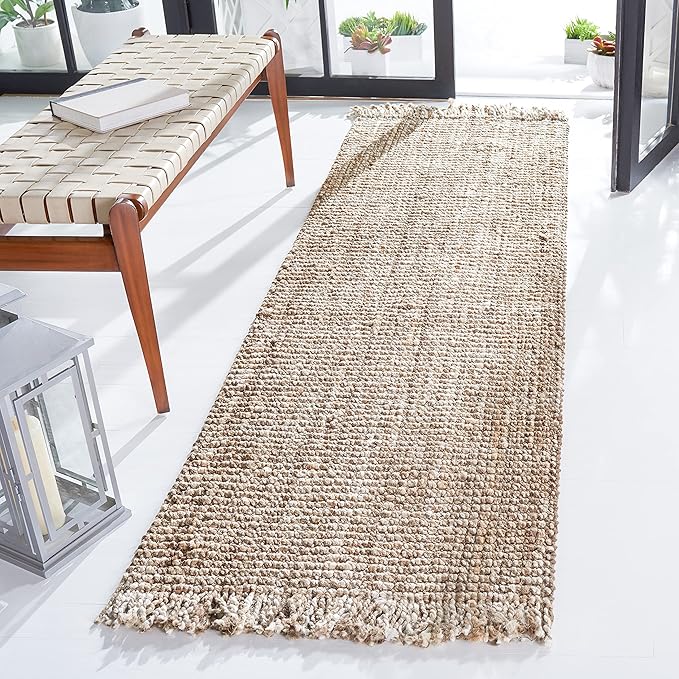 SAFAVIEH Natural Fiber Collection Runner Rug - 2'3" x 12', Grey & Beige, Handmade Woven Fringe Jute, Ideal for High Traffic Areas in Living Room, Bedroom (NF825F)