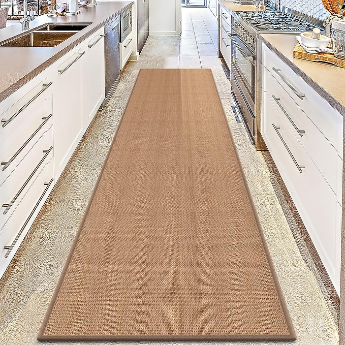 12ft Natural Jute Hallway Runner Rug Non Slip Washable, Rubber Backed Long Indoor Entryway Runner, Absorbent Kitchen Carpet Sink Rug, Camel