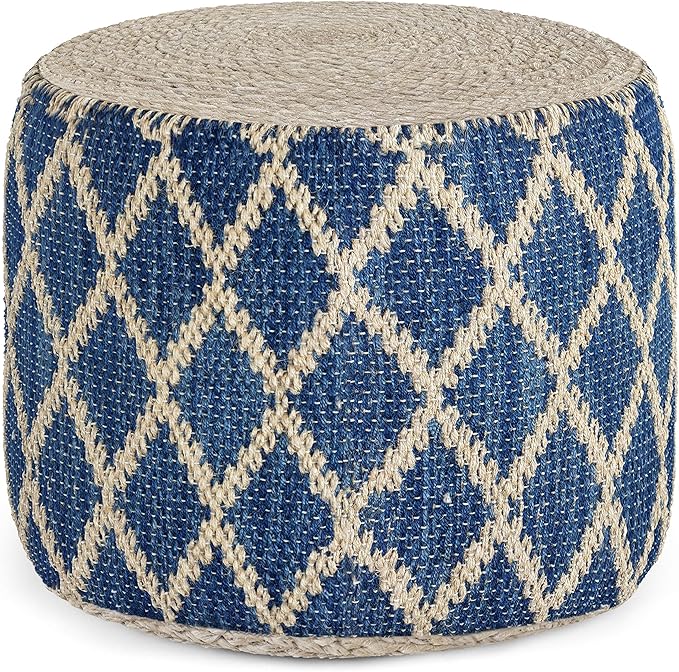 SIMPLIHOME Edgeley Round Pouf - 18 inch Wide Handwoven Jute and Cotton Ottoman in Classic Blue and Natural, Boho-Style Footstool or Extra Seating for Living Room, Bedroom, or Kids Room, Assembled