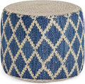 SIMPLIHOME Edgeley Round Pouf - 18 inch Wide Handwoven Jute and Cotton Ottoman in Classic Blue and Natural, Boho-Style Footstool or Extra Seating for Living Room, Bedroom, or Kids Room, Assembled