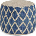 SIMPLIHOME Edgeley Round Pouf - 18 inch Wide Handwoven Jute and Cotton Ottoman in Classic Blue and Natural, Boho-Style Footstool or Extra Seating for Living Room, Bedroom, or Kids Room, Assembled