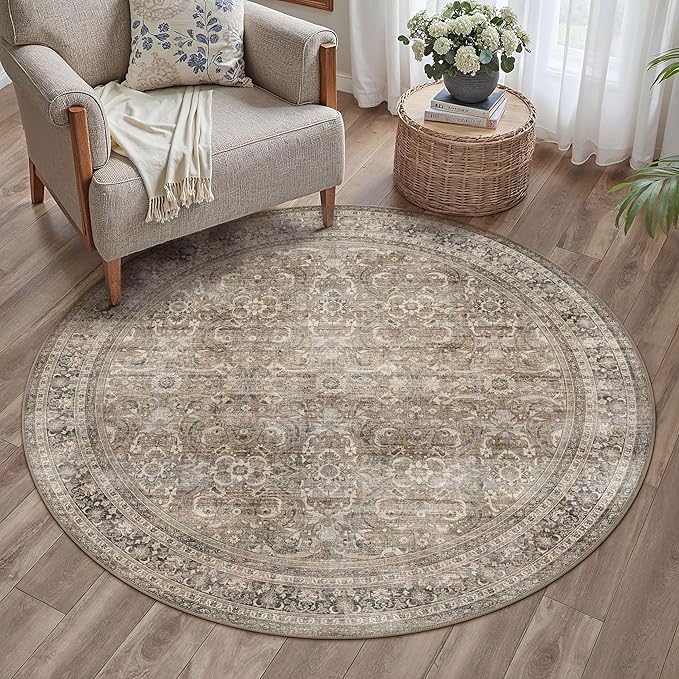 HUGEAR 5ft Round Rug Entryway Rugs Machine Washable Brown Hallway Area Rug 5x5 Small Circle Floral Low Pile Carpet Vacuumable Throw Rug Living Room Laundry Entrance Non Slip Soft Lightweight