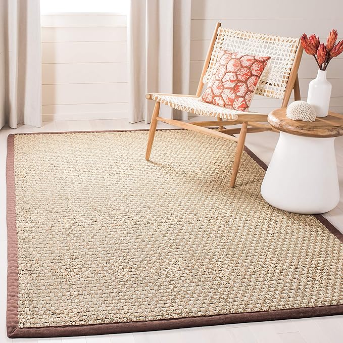 SAFAVIEH Area Rug 9x12 - Natural Fiber Collection - Large - Natural & Dark Brown, Seagrass, Basketweave Pattern with Border (NF114K)