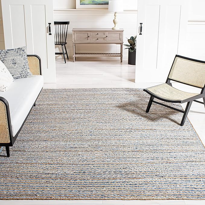 SAFAVIEH Cape Cod Collection Area Rug - 9' x 12', Natural & Blue, Handmade Flat Weave Jute, Ideal for High Traffic Areas in Living Room, Bedroom (CAP250A)