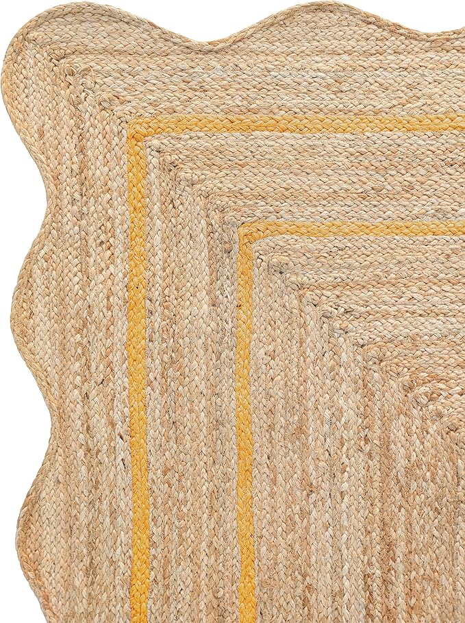Wave Scalloped Natural Jute Rug Boho Jute Rug Entryway Runner Rug Farmhouse Scallop Rug, Yellow (2'x12')