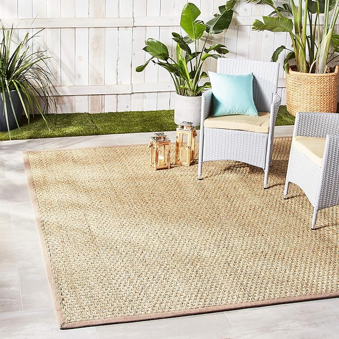 SAFAVIEH Area Rug 9x12 - Natural Fiber Collection - Large - Natural & Grey, Seagrass, Basketweave Pattern with Border (NF114P)
