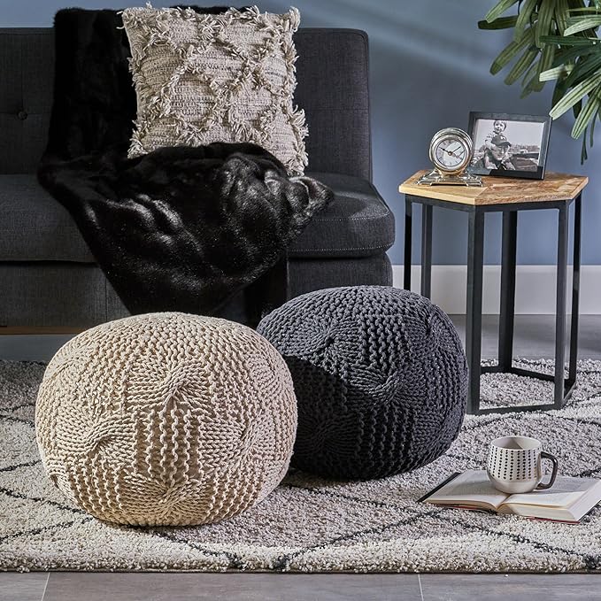 Christopher Knight Home Ansel Knitted Cotton Pouf, Dark Grey