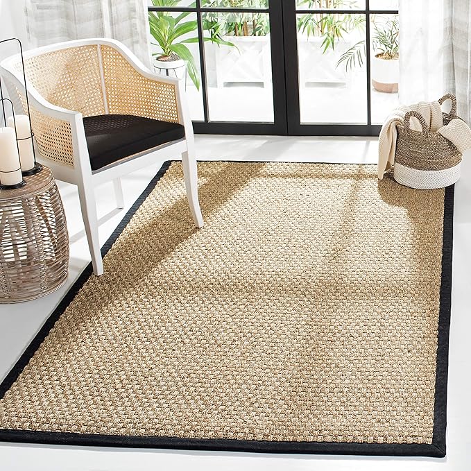 Safavieh Area Rug 6x8 - Natural Fiber Collection - Natural & Black, Seagrass, Basketweave Pattern with Border (NF114C)