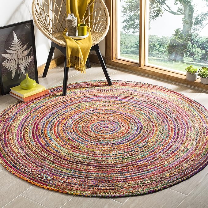 SAFAVIEH Area Rug 10' Round - Cape Cod Collection - Large - Red & Multi, Handmade Jute & Cotton, Woven Braided Design (CAP202A)