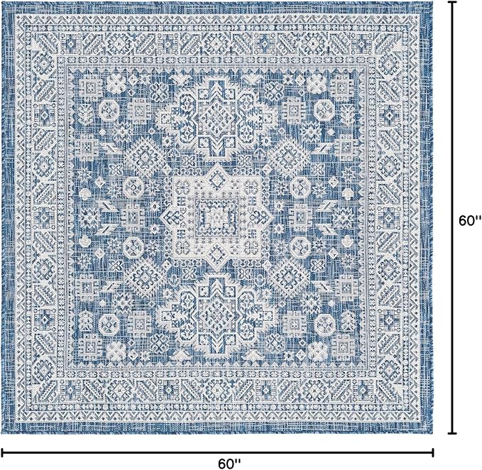 Rugs.com Outdoor Aztec Collection Rug – 5 Ft Square Blue Flatweave Rug Perfect for Living Rooms, Kitchens, Entryways