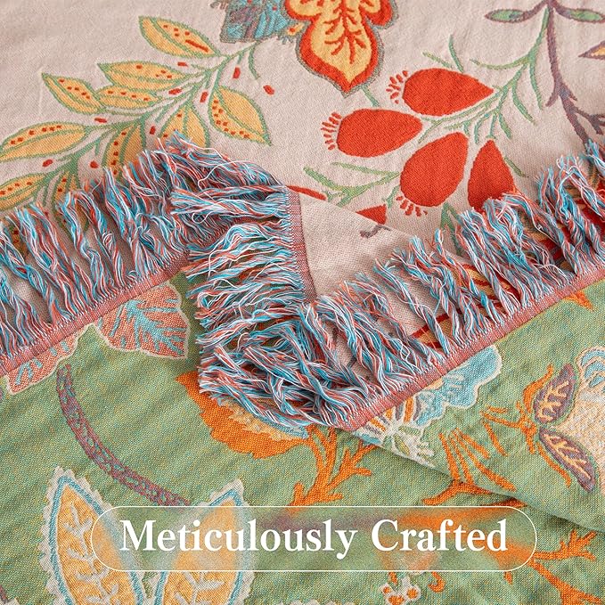 Boho Throw Blanket Throw Size, Soft Cozy Cotton Muslin Quilt Blanket for Bed Decor, Bird Patterned Couch Sofa Chair Cover, Vintage Farmhouse Cottage Tapestry Woven Blanket, Coral&Green