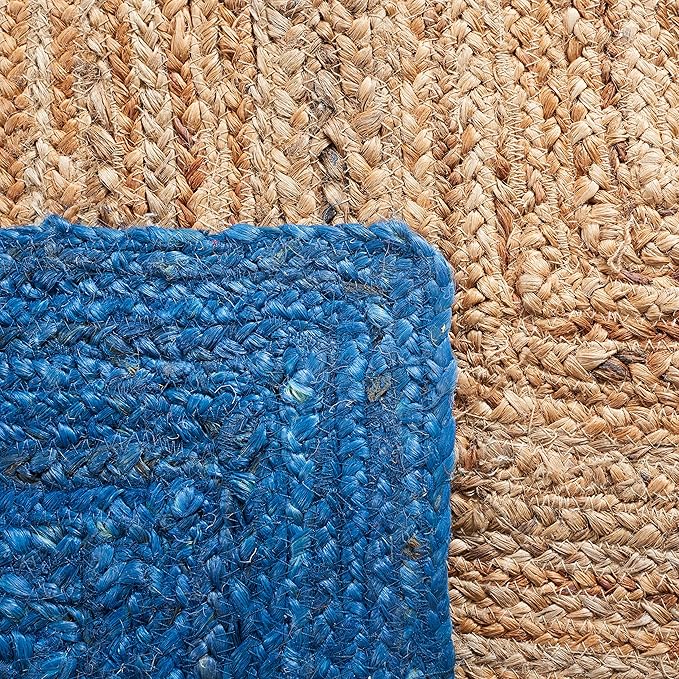 SAFAVIEH Natural Fiber Collection Area Rug - 5' x 8', Natural & Blue, Handmade Flat Weave Boho Farmhouse Rustic Border Jute, Ideal for High Traffic Areas in Living Room, Bedroom (NFB852M)